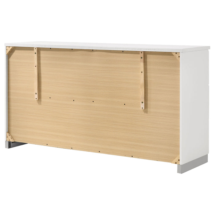 White high gloss Felicity 6-drawer dresser from CoasterEssence with sleek modern design and silver drawer handles.