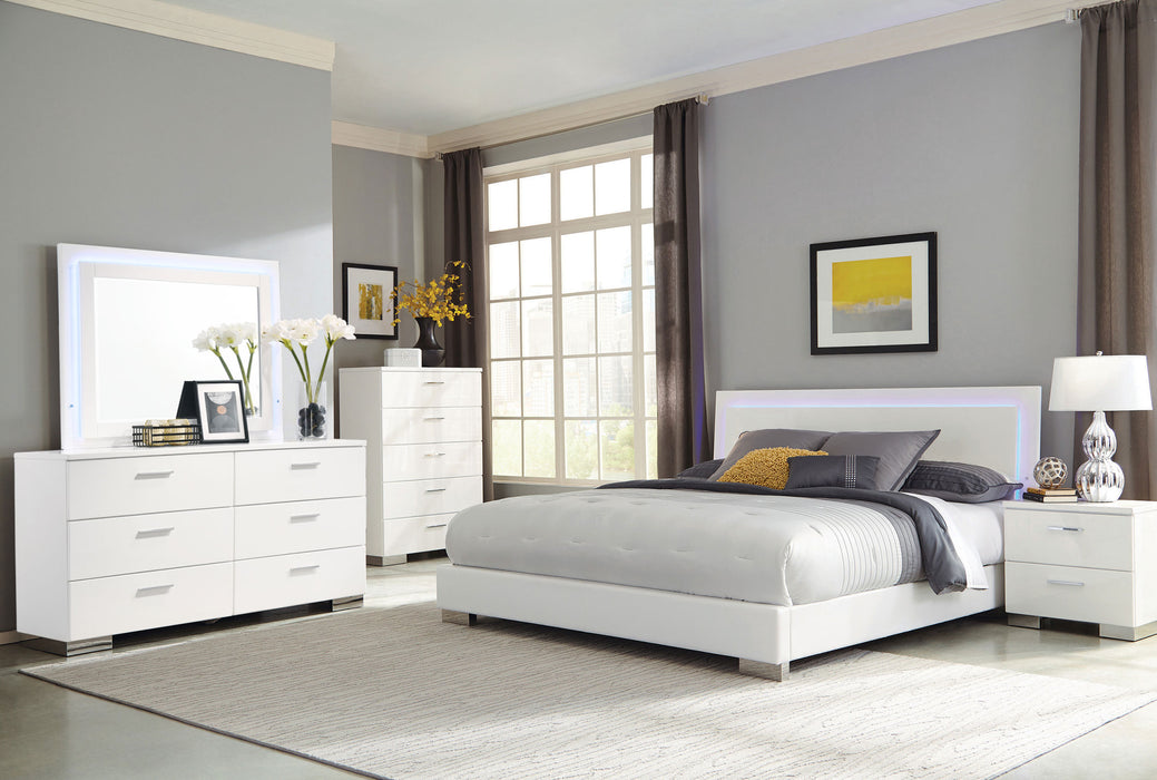 White high gloss Felicity 6-drawer dresser by CoasterEssence, showcasing sleek modern furniture with ample storage drawers.