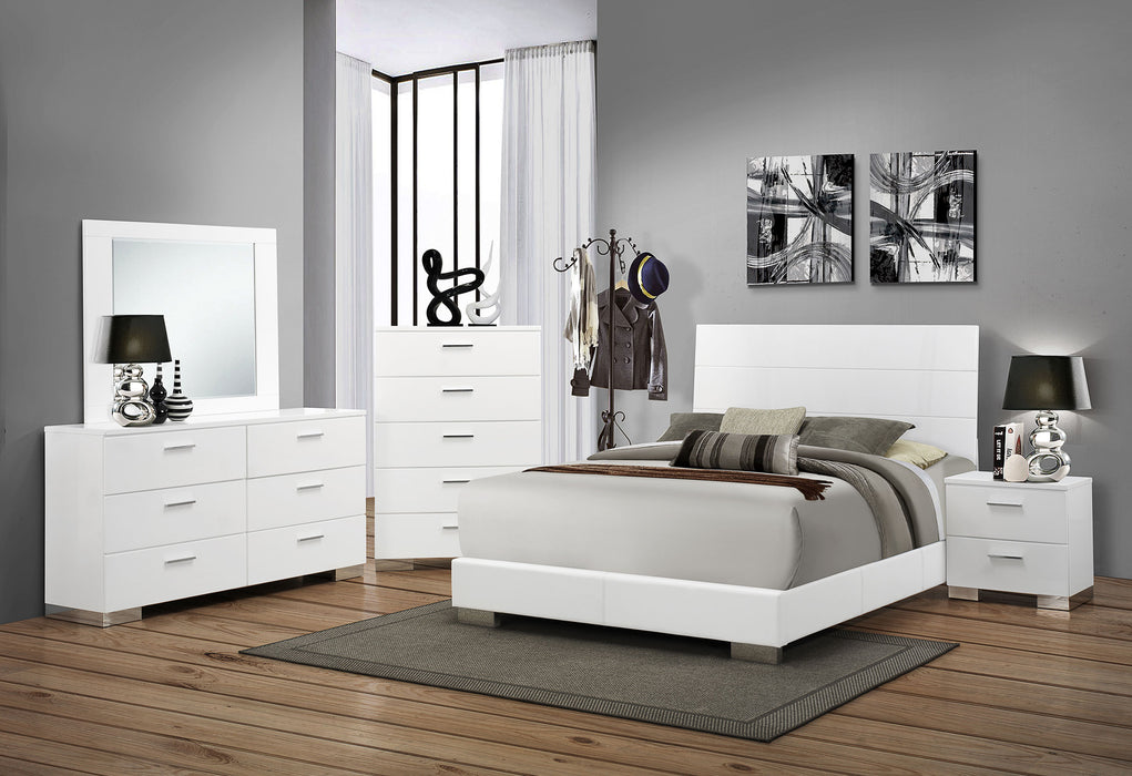 White high gloss Felicity 6-drawer dresser by CoasterEssence, showcasing sleek modern furniture with ample storage drawers.