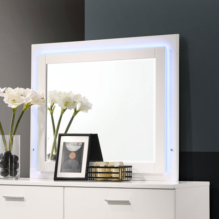 White high gloss Felicity Wood LED dresser mirror by CoasterEssence, featuring built-in LED lighting and sleek modern design.