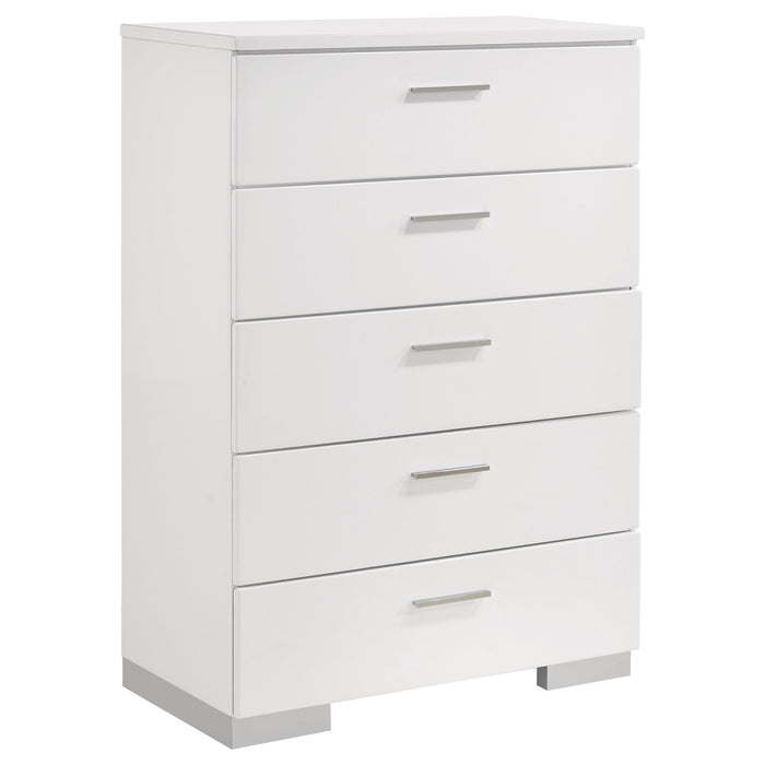 White Felicity 5-drawer bedroom chest by CoasterEssence, showcasing sleek high gloss finish and modern furniture design.