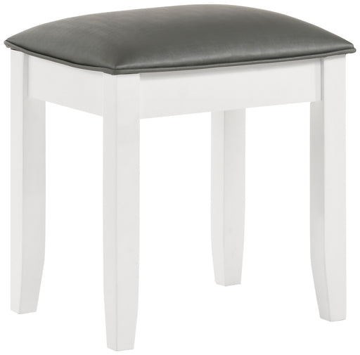 Felicity upholstered vanity stool by CoasterElevations with metallic frame and glossy white fabric, showcasing plush cushioning and sleek design.