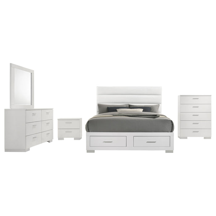 Felicity 5-piece Eastern King platform bedroom set by CoasterEveryday in white, including bed frame, nightstands, and dresser.