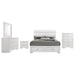 Felicity 5-piece Eastern King platform bedroom set by CoasterEveryday in white, including bed frame, nightstands, and dresser.