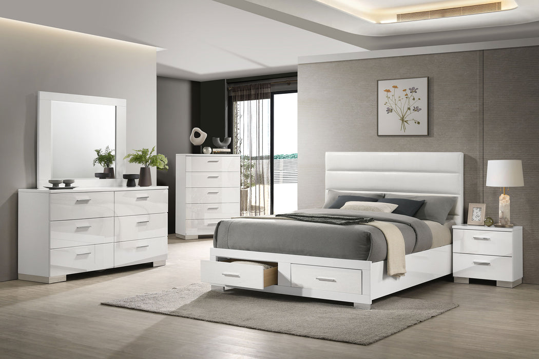 White California King storage bed by CoasterEveryday with high gloss finish, showcasing sleek furniture design and ample storage space.
