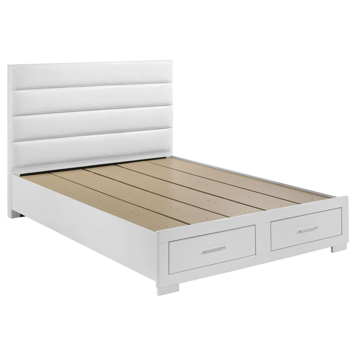 White Felicity 5-piece Queen platform bedroom furniture set by CoasterEveryday, includes bed frame, nightstands, and dresser.