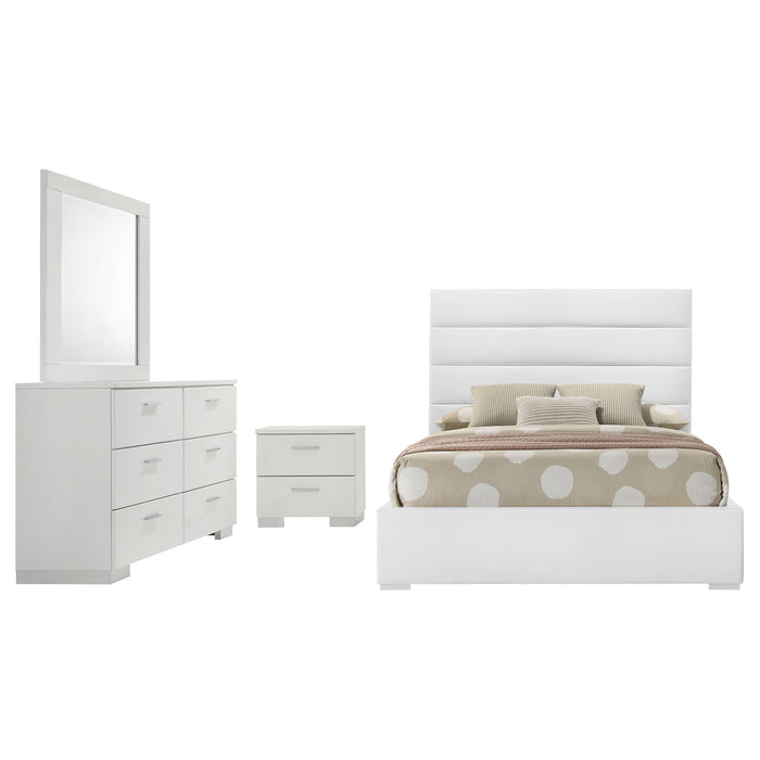 White Felicity 4-piece full bedroom set by CoasterEveryday, includes bed frame, nightstands, and dresser with high gloss finish.
