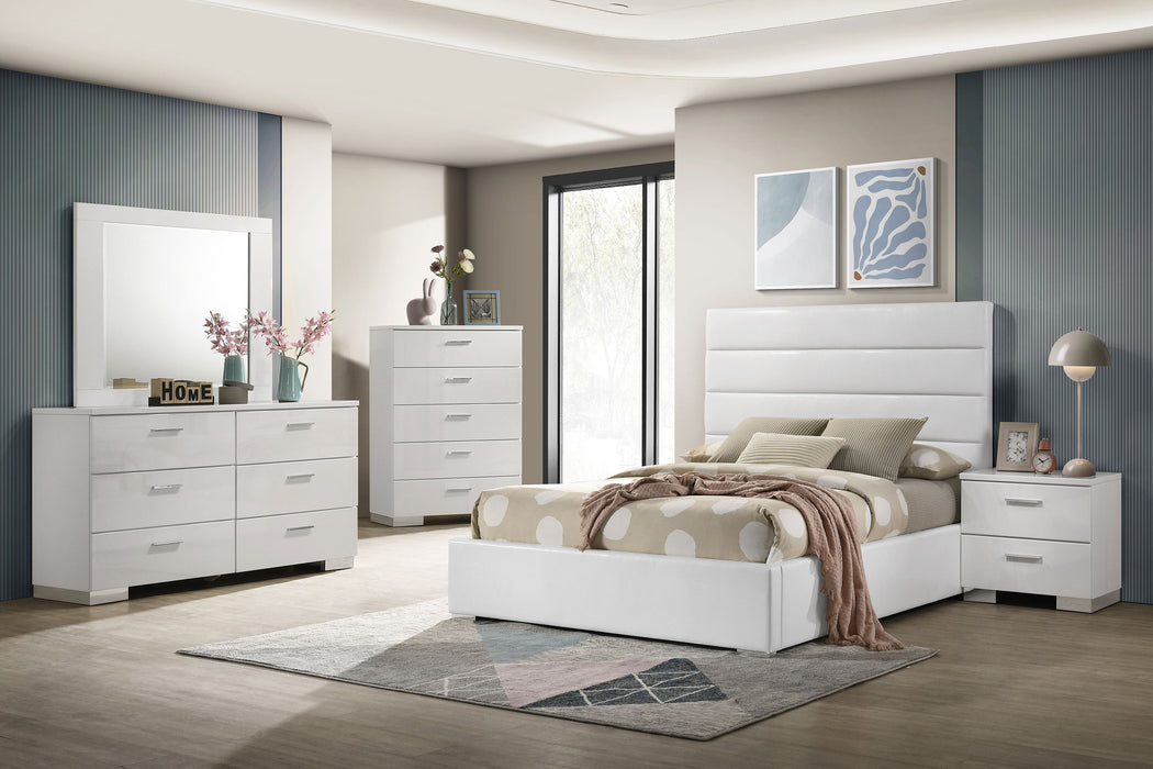 Felicity 5-piece full bedroom set in white high gloss with bed frame, nightstands, dresser, and mirror, modern furniture by CoasterEveryday