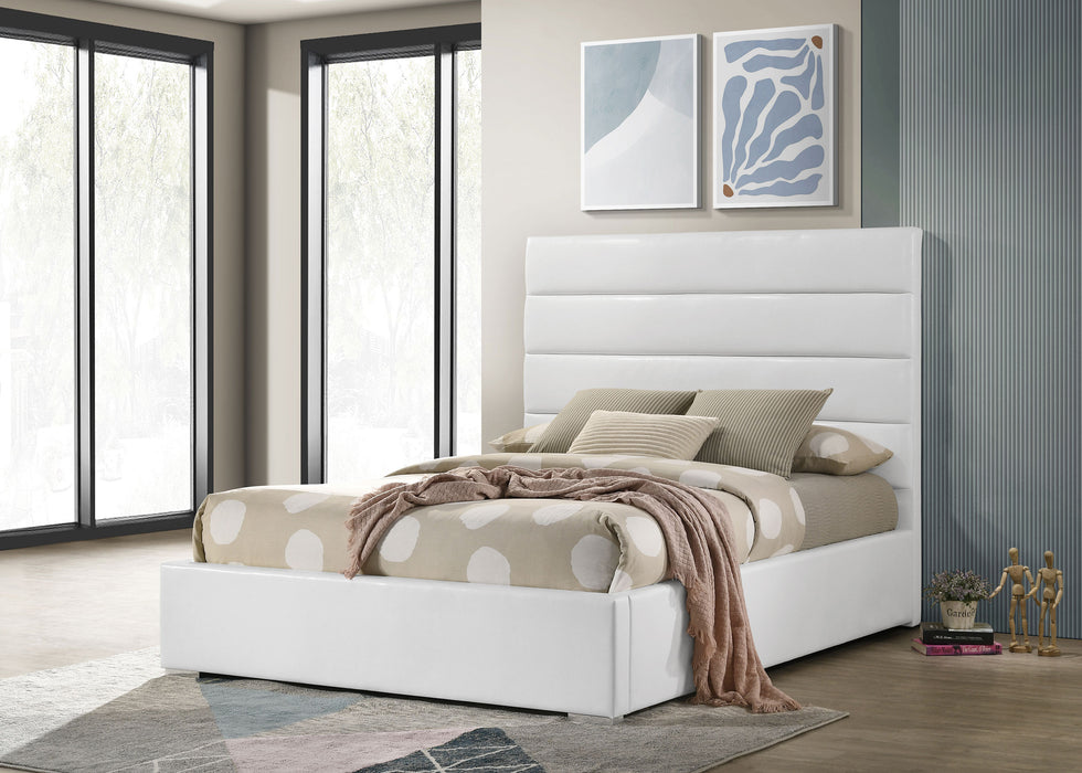White Felicity 53-inch upholstered full platform bed from CoasterEveryday, featuring a modern, padded headboard and sleek design.