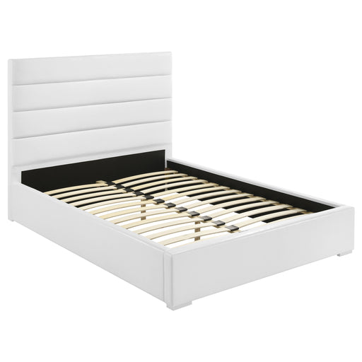 White Felicity 53-inch upholstered full platform bed by CoasterEveryday with cushioned headboard and sleek wooden frame.