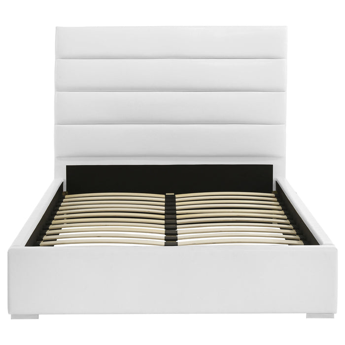 White Felicity 53-inch upholstered full platform bed by CoasterEveryday, showcasing a modern furniture design with padded headboard.