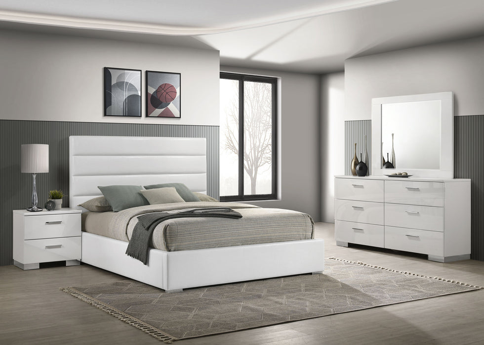 Felicity 4-piece Eastern King bedroom set by CoasterEveryday featuring white high gloss finish and modern furniture design