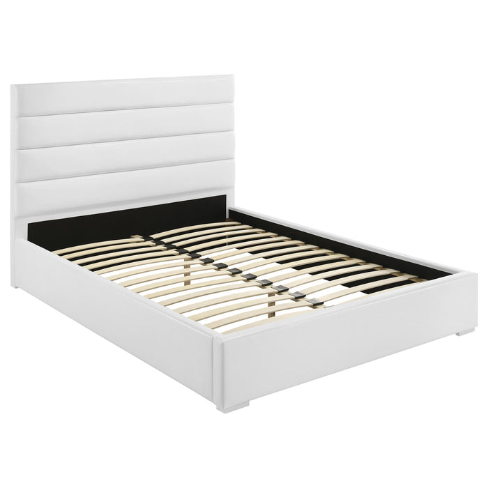 Felicity 4-piece Eastern King bedroom furniture set in high gloss white, includes bed frame and matching storage pieces.
