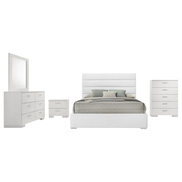 Felicity 5-piece Eastern King bedroom furniture set by CoasterEveryday in white high gloss finish, includes bed, nightstands, and dresser.