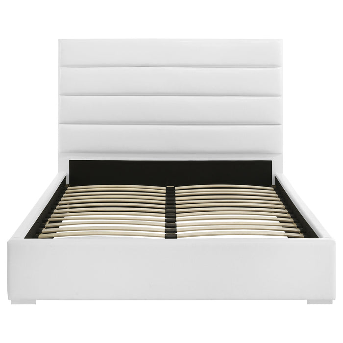 White Felicity 53-inch upholstered Eastern King platform bed with padded headboard and sleek wooden frame, modern bedroom furniture.