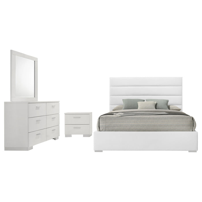 White high gloss Felicity 4-piece California King bedroom furniture set featuring modern design and sleek finish.