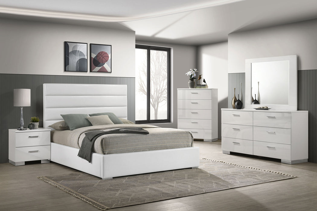 Felicity 5-piece queen bedroom set by CoasterEveryday featuring white high gloss finish and modern furniture design.