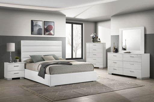 Felicity 5-piece queen bedroom set by CoasterEveryday with white high gloss finish, includes bed frame, dresser, mirror, and nightstands.