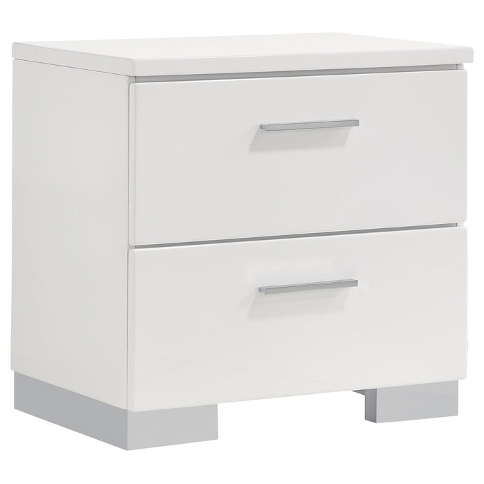 Felicity 5-piece queen bedroom set by CoasterEveryday featuring white high gloss finish and modern bedroom furniture design.