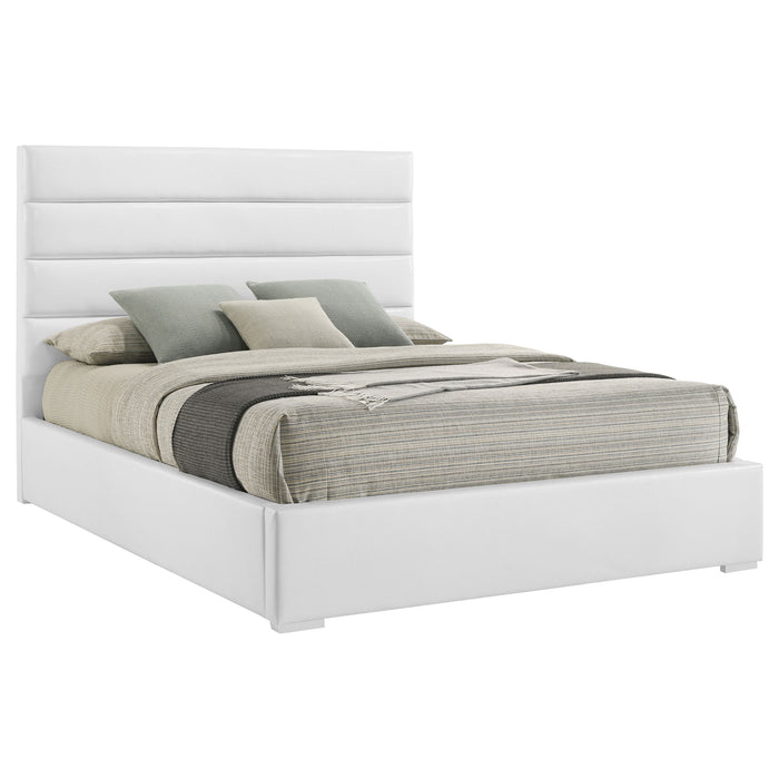 White upholstered Felicity 53-inch queen platform bed with padded headboard and sleek wooden frame, modern bedroom furniture.
