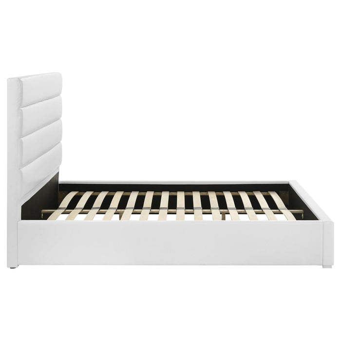 White upholstered 53-inch queen platform bed from CoasterEveryday, featuring a cushioned headboard and sleek modern design.