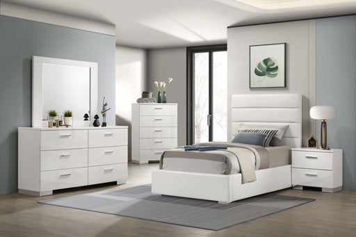 White high gloss Felicity 5-piece twin bedroom furniture set with modern design, includes bed, nightstands, and storage units.