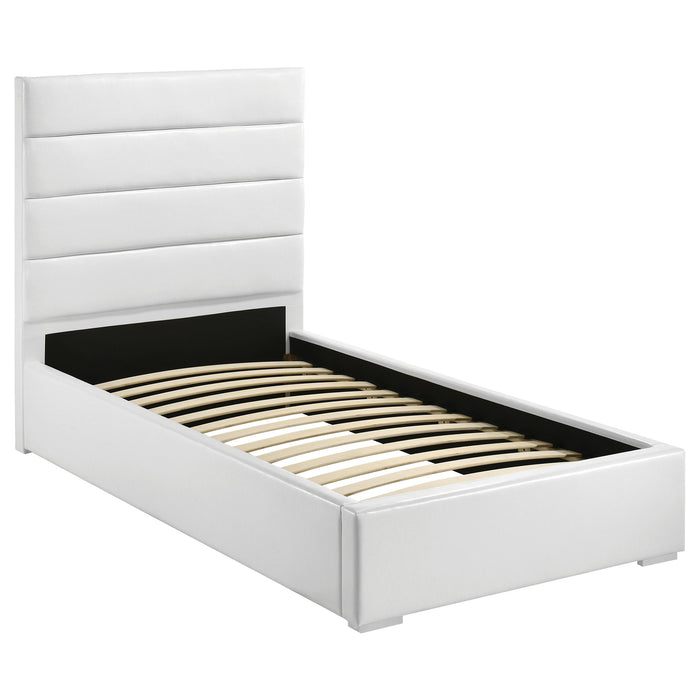White high gloss Felicity 5-piece twin bedroom furniture set by CoasterEveryday, including bed, nightstands, and storage pieces.