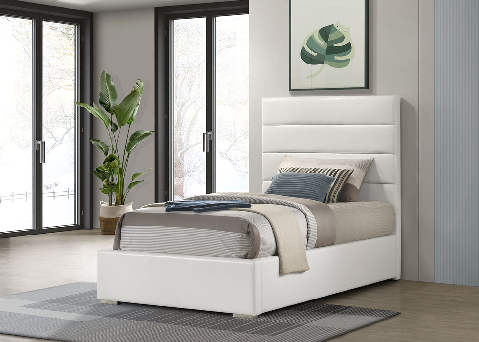 White upholstered twin platform bed from CoasterEveryday, featuring a contemporary design with a padded headboard and clean lines.