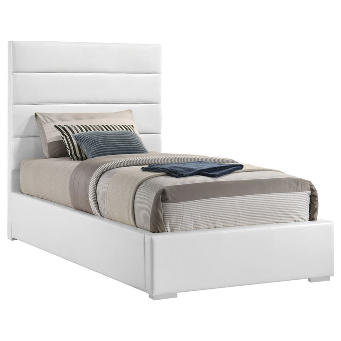 White upholstered Felicity 53-inch twin platform bed from CoasterEveryday with a padded headboard and sleek design.