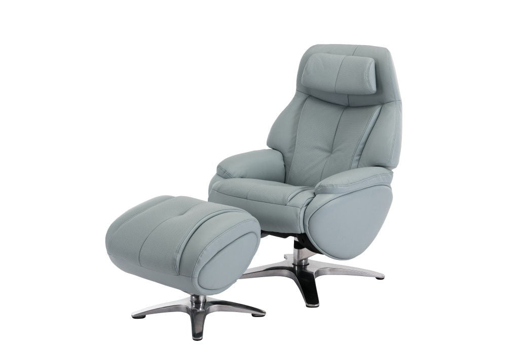 Baby blue genuine leather swivel recliner with tufted details and matching ottoman by HomeRoots, showing plush upholstery and modern design.