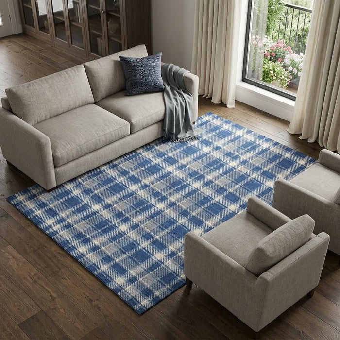 10' X 14' Plaid Washable Area Rug With UV Protection (649450) - Navy Blue / Ivory