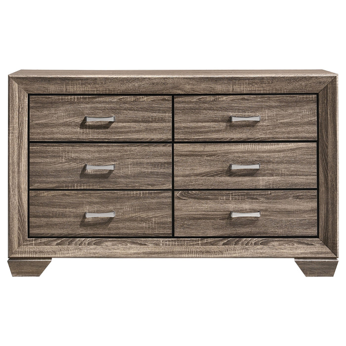 CoasterEveryday Kauffman 5-piece Eastern King bedroom set in washed taupe, featuring a bed frame, nightstands, and dresser.
