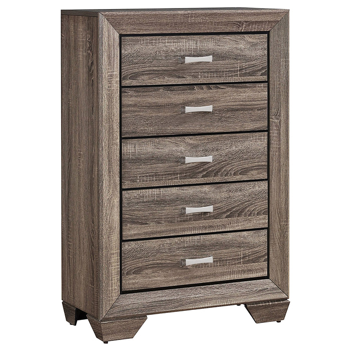 CoasterEveryday Kauffman 5-piece Eastern King bedroom furniture set in washed taupe, includes bed frame, nightstands, and storage pieces.