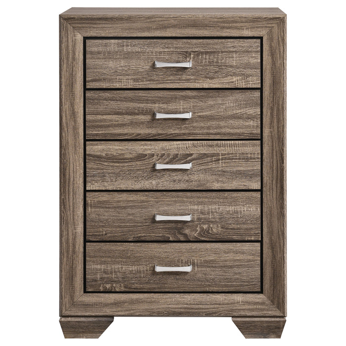 Kauffman 5-piece Eastern King bedroom set by CoasterEveryday featuring washed taupe finish with bed frame, dresser, and nightstands.