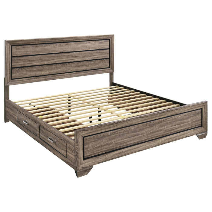 Kauffman Wood Eastern King Storage Panel Bed in washed taupe, showcasing the sturdy wooden frame and panel headboard design.
