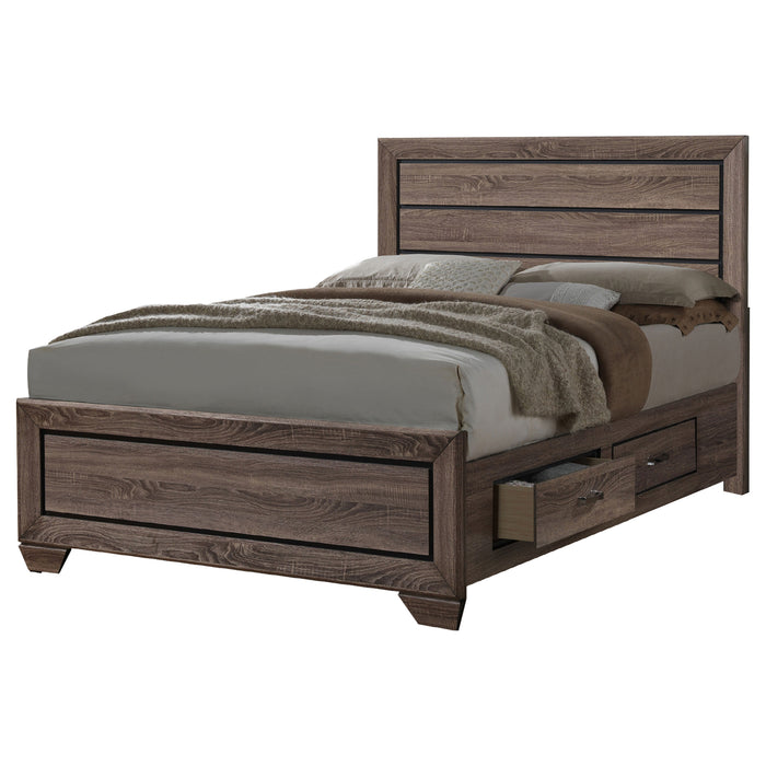 CoasterEveryday Kauffman 4-piece California King bedroom set in washed taupe with bed frame, nightstands, and dresser furniture.