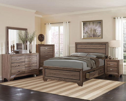 CoasterEveryday Kauffman 5-piece California King bedroom set in washed taupe, includes bed frame, nightstands, and dresser.