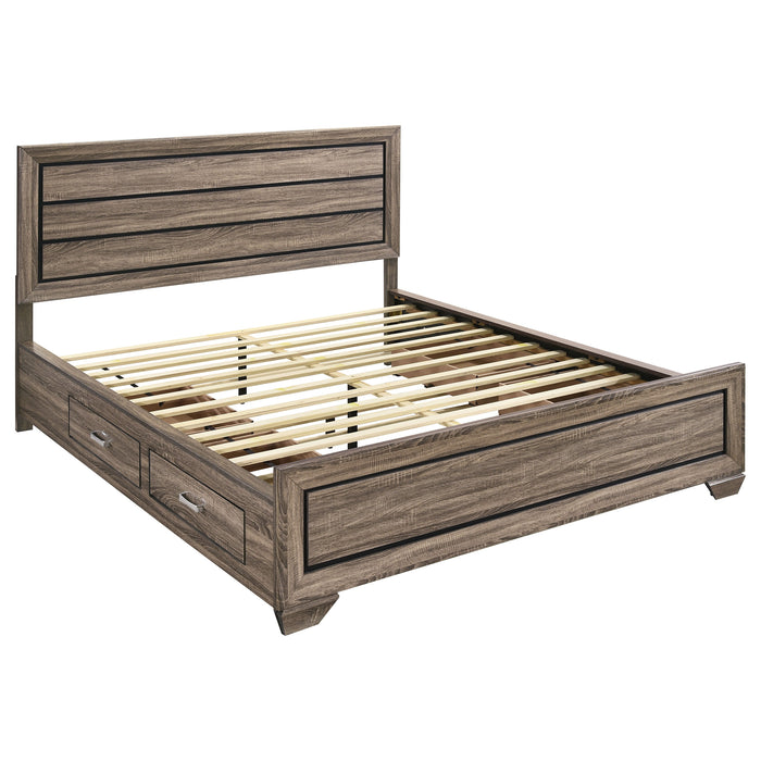 California King storage panel bed by CoasterEveryday in washed taupe wood with built-in storage drawers and panel headboard.