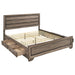 California King storage panel bed by CoasterEveryday in washed taupe wood finish, showcasing the bed's headboard and storage drawers.