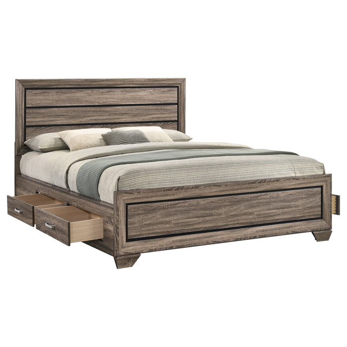 California King storage panel bed by CoasterEveryday in washed taupe wood finish, featuring a sturdy frame and storage drawers.
