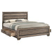 California King storage panel bed by CoasterEveryday in washed taupe wood finish, featuring a sturdy frame and storage drawers.