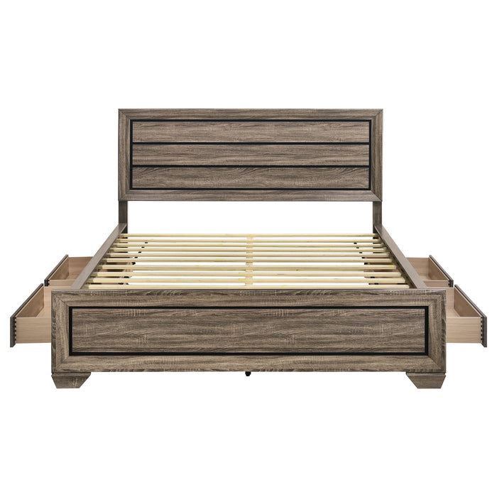 California King Storage Panel Bed in washed taupe wood finish, featuring sleek design and built-in storage drawers, by CoasterEveryday.