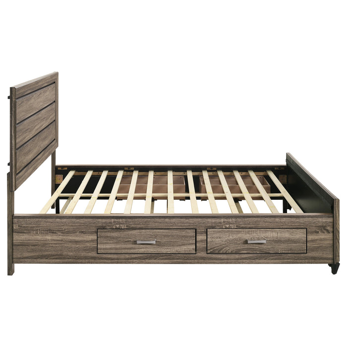 California King storage panel bed by CoasterEveryday in washed taupe wood finish, featuring a modern design with built-in storage drawers.