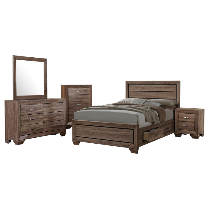Kauffman 5-piece Queen Bedroom Set by CoasterEveryday with washed taupe finish, including bed frame, nightstands, and dresser.
