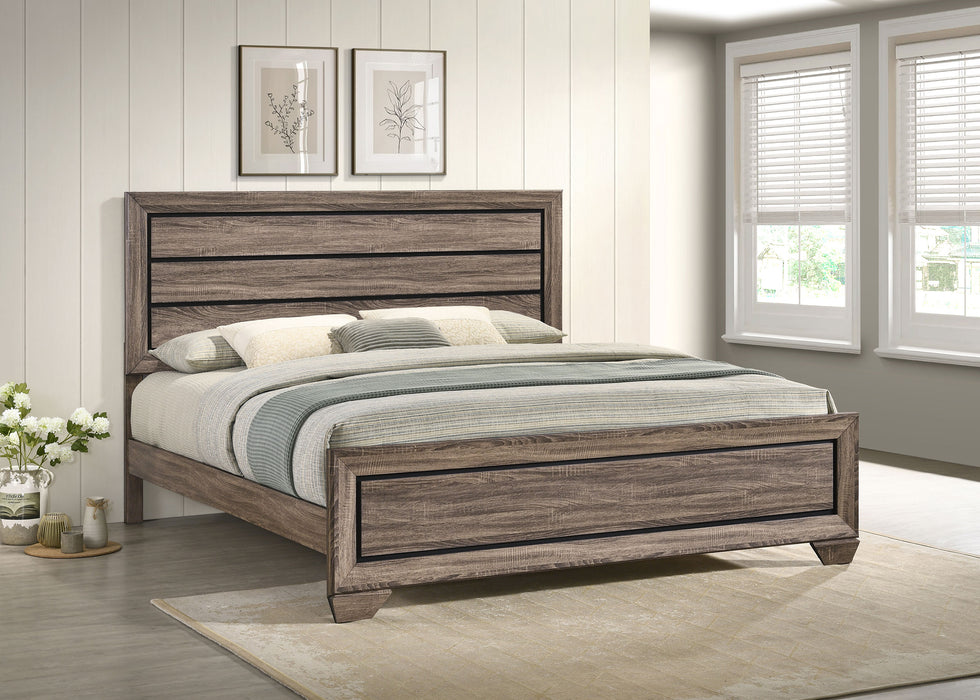 Kauffman Wood Eastern King Panel Bed by CoasterEveryday in washed taupe finish, showcasing the headboard and side panels.