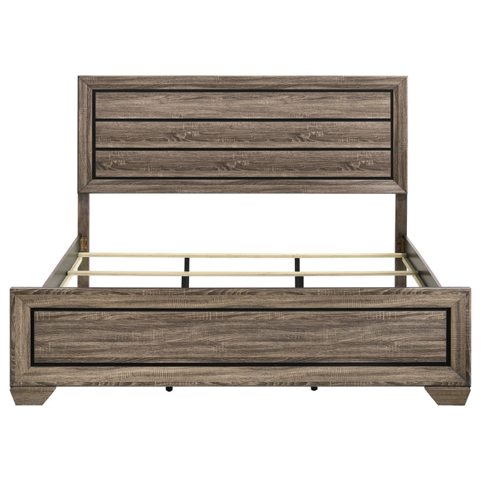Kauffman Wood Eastern King Panel Bed in washed taupe finish, showcasing the wooden bed frame with paneled headboard and sturdy design.