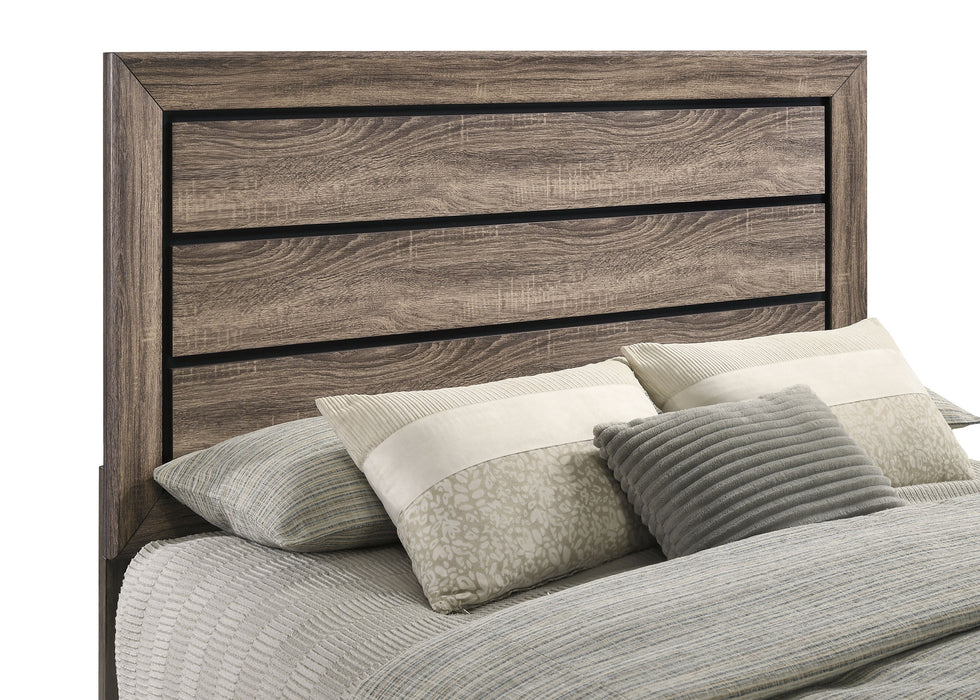 Eastern King Panel Bed by CoasterEveryday in washed taupe wood, showcasing the elegant headboard and sturdy frame.