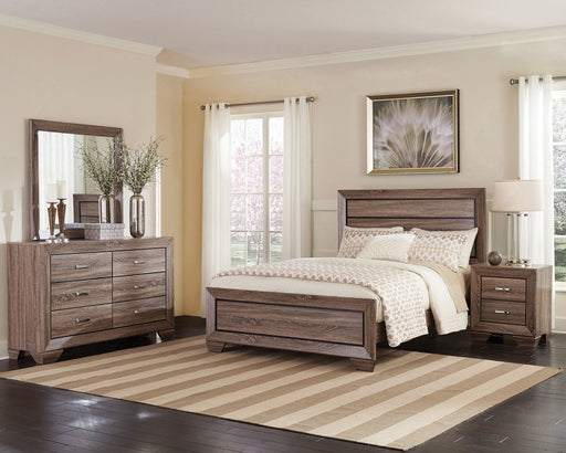 CoasterEveryday Kauffman 4-piece California King bedroom set in washed taupe, includes bed frame, nightstands, and dresser with modern design.