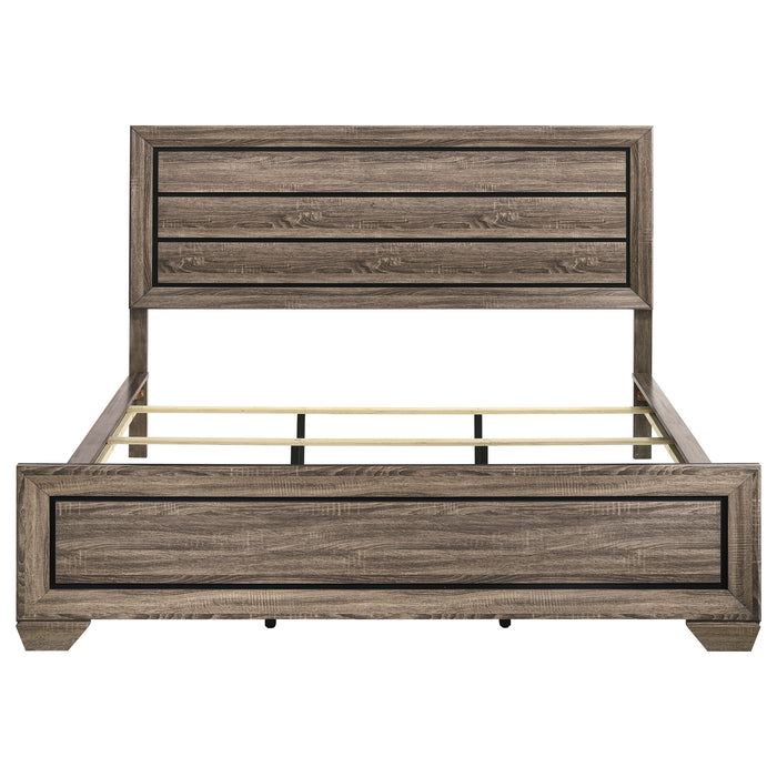 California King Panel Bed by CoasterEveryday in washed taupe wood with sleek, modern design and sturdy frame.