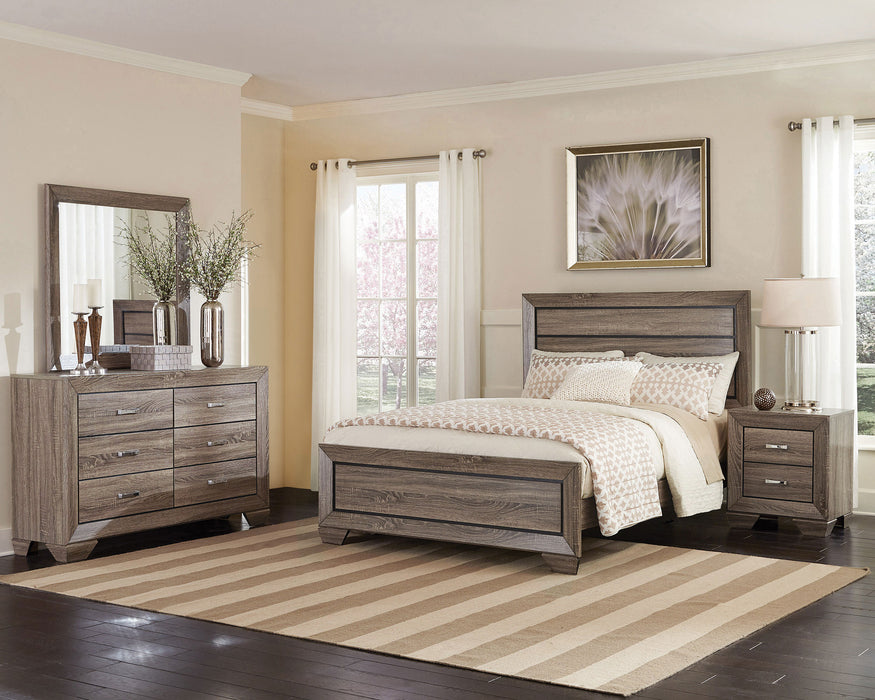 CoasterEveryday Kauffman Wood California King Panel Bed in washed taupe with a sleek wooden design and panel headboard.